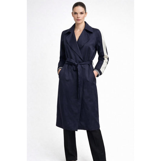 Sandro Navy Belted White Trim Trench Coat Size 36 US 4