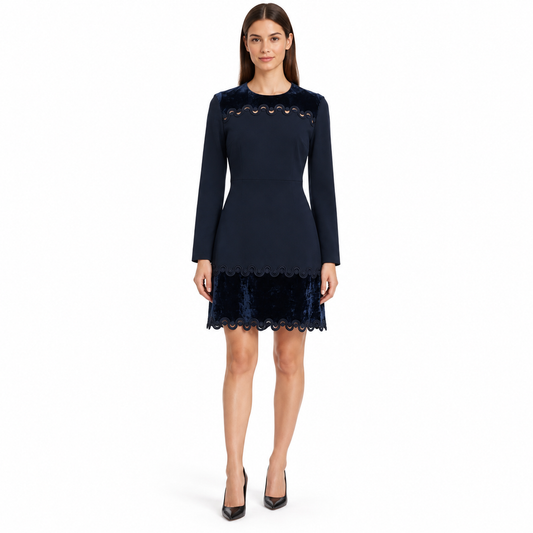 Sandro navy long-sleeve mini dress with velvet panels, round neck, and decorative scalloped cutwork hem.