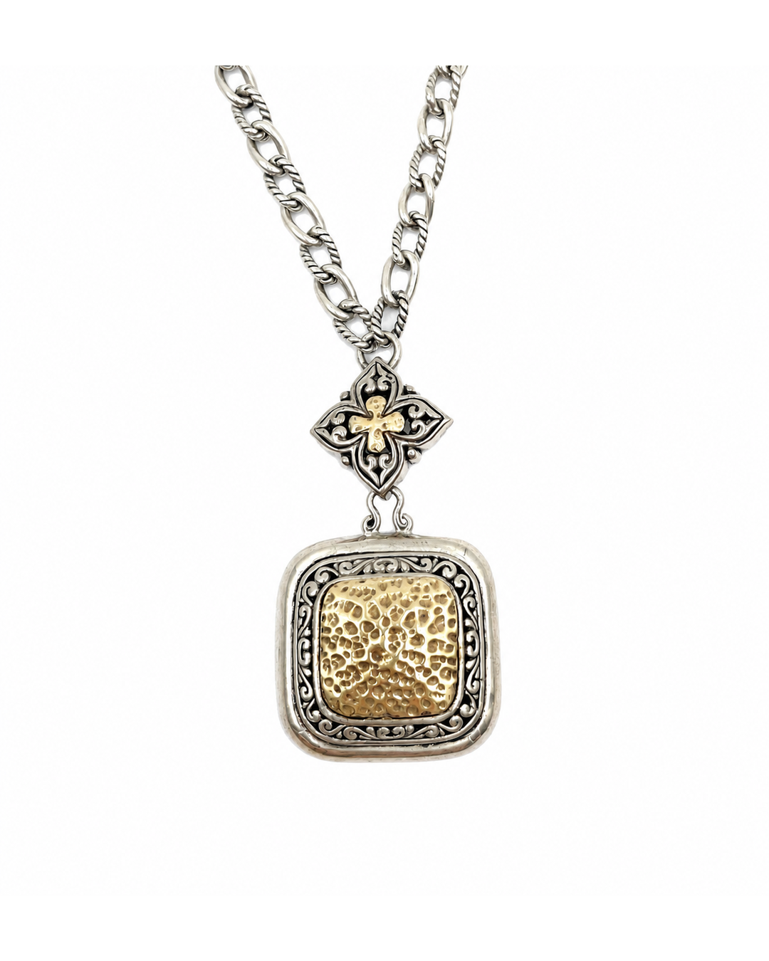 Two-tone sterling silver and gold hammered square pendant necklace with ornate scrollwork and a floral connector.