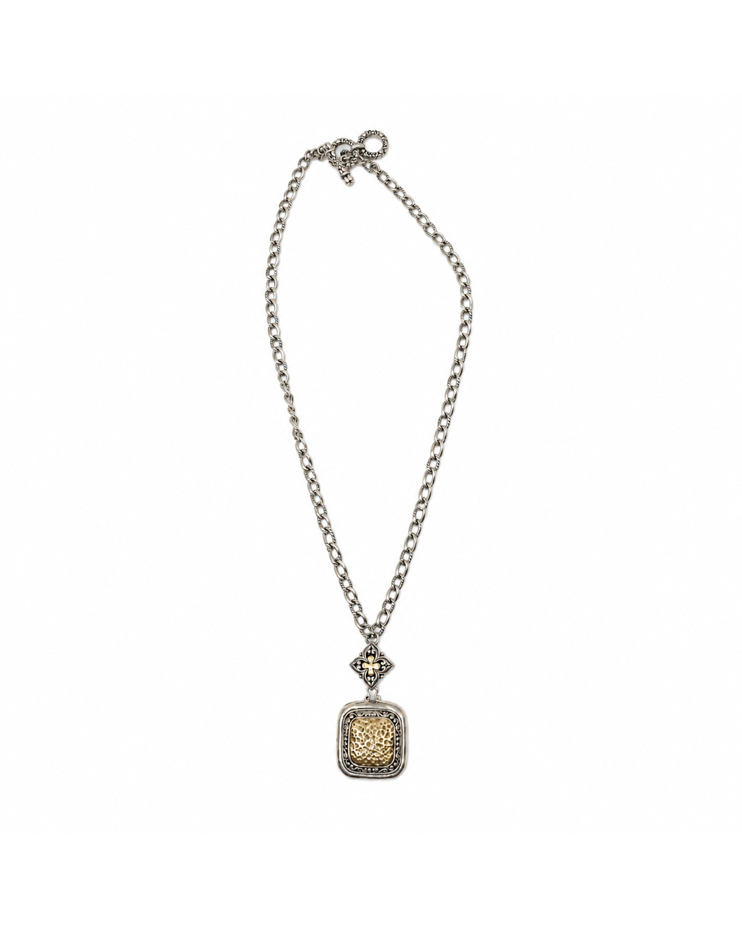 Two-tone sterling silver necklace with a hammered gold-tone square pendant, scrollwork details, and a toggle clasp.