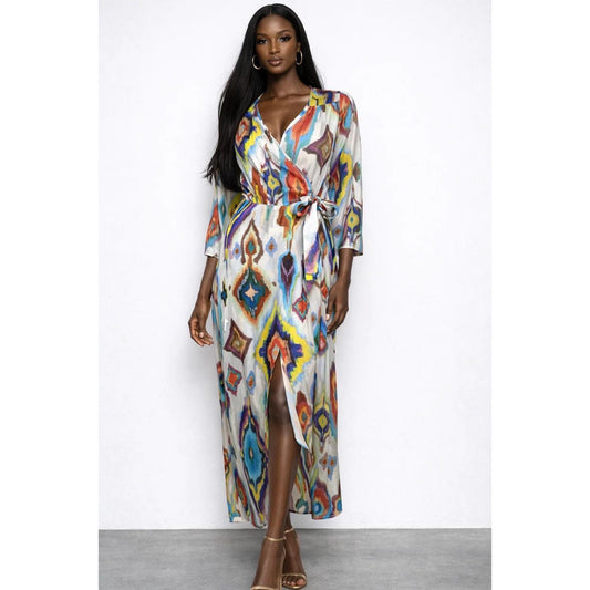 Smythe Satin Ikat Print Wrap Dress Size XS