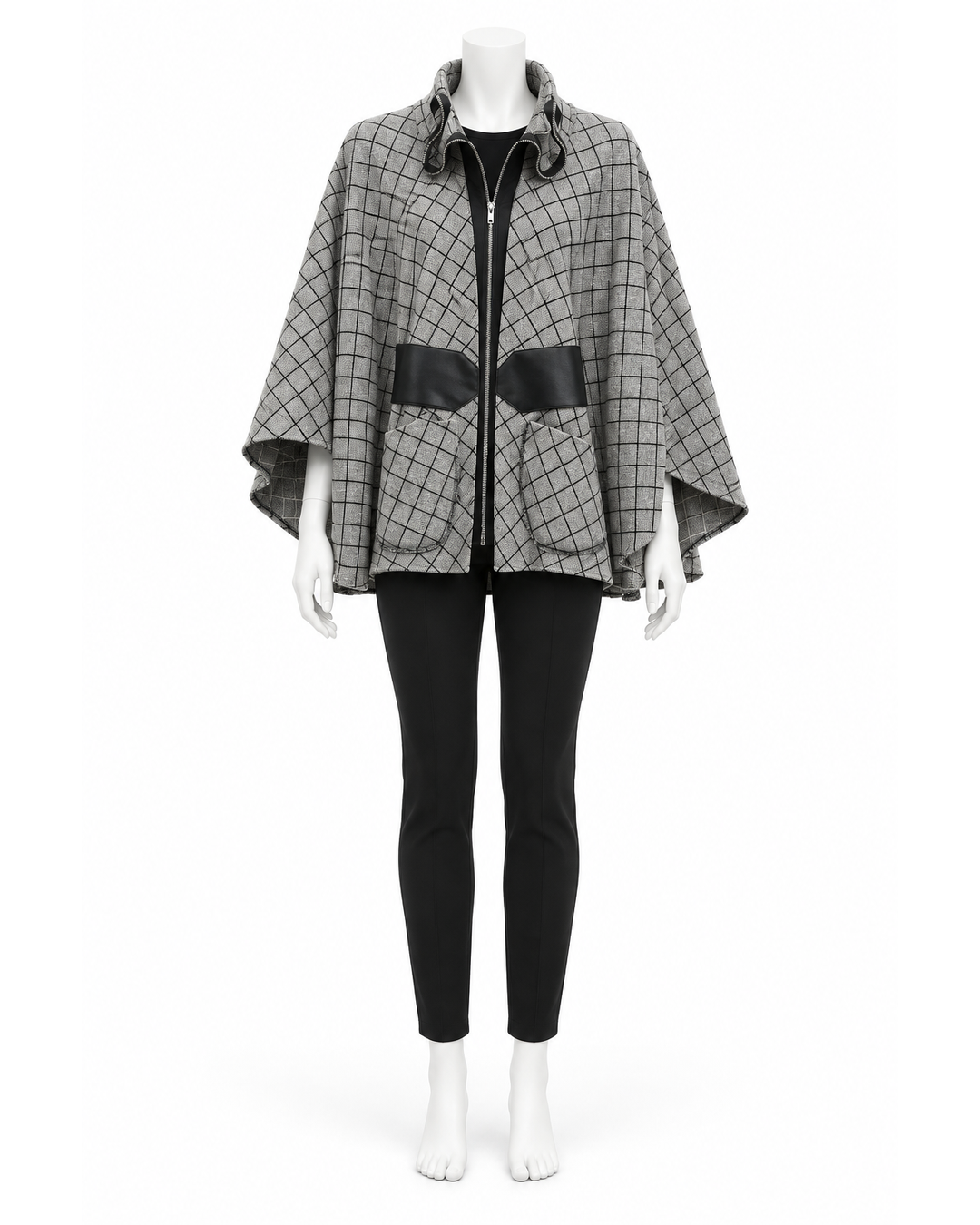 Sohung Design grey plaid wool cape with a front zip closure and black leather waist tie on a mannequin.