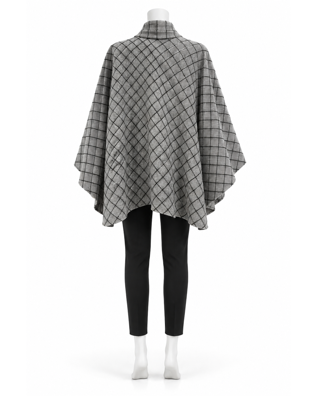 Sohung Design NewYork grey wool cape featuring a black plaid checkered pattern and a high collar on a mannequin.