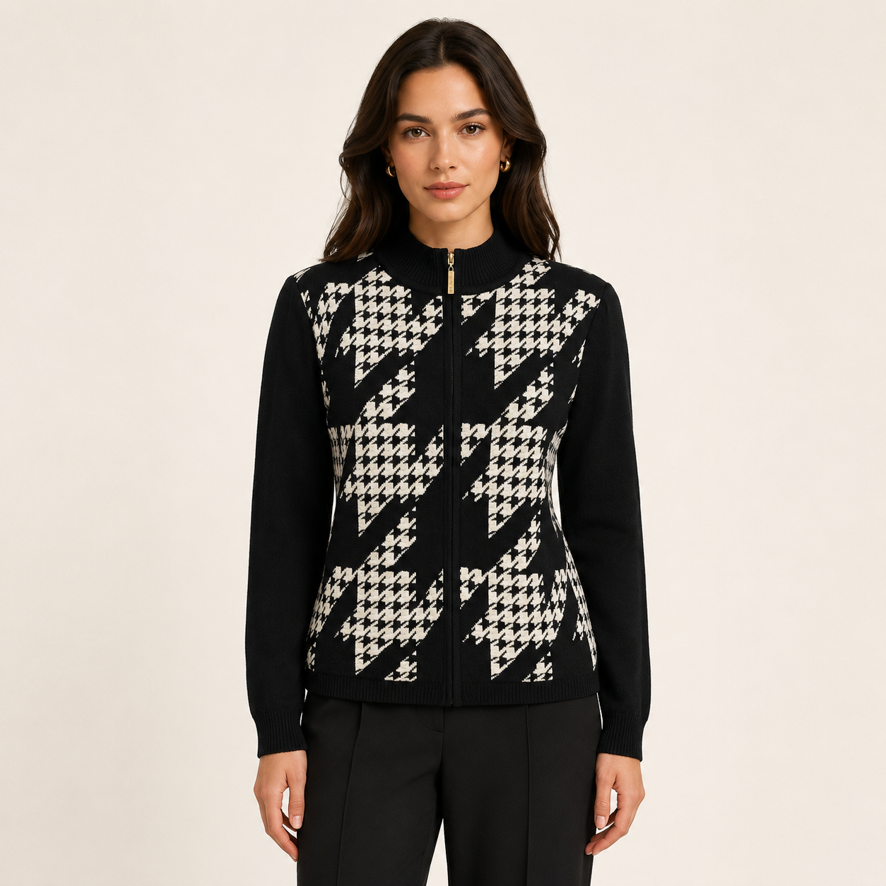 St.John Houndstooth Zip-Up Cardigan Sweater Size S