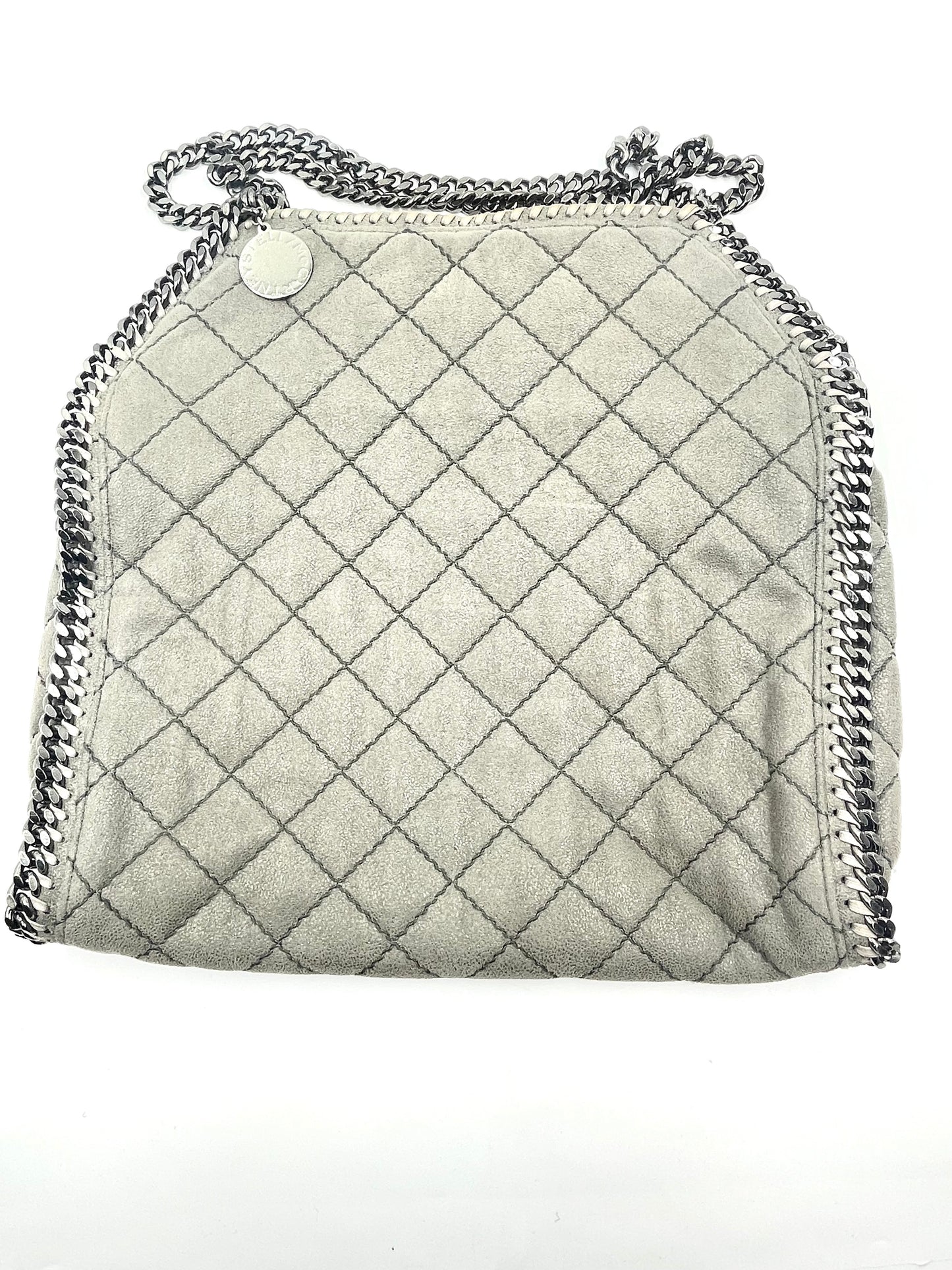Stella McCartney Falabella grey quilted suede tote bag with silver chain strap and hardware.