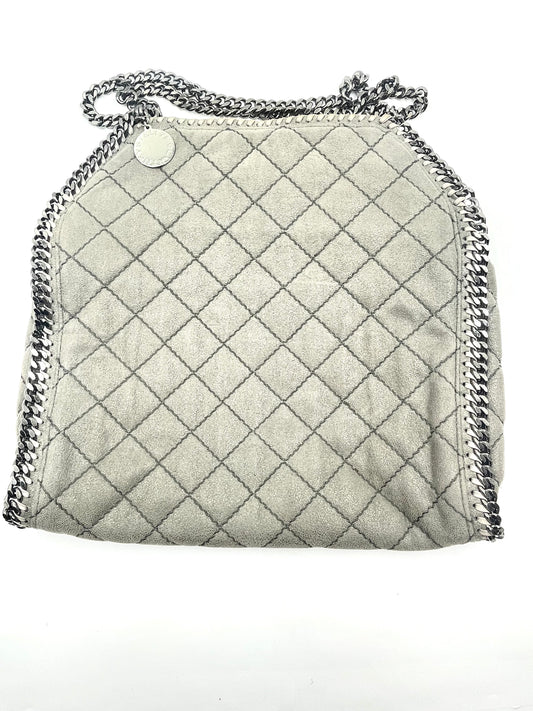 Stella McCartney Falabella grey quilted suede tote bag with silver chain strap and hardware.