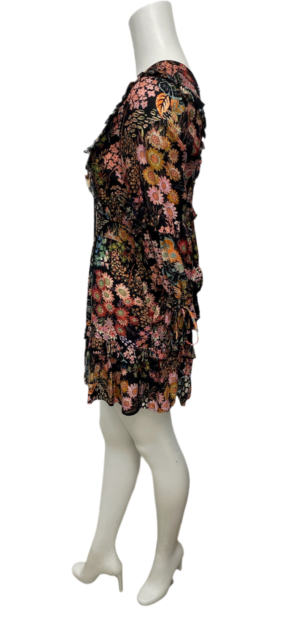 Ted Baker Black Multi Color Floral Mini Hendrix Dress, size 1 US S, with long sleeves, lace-up front, and belted waist.