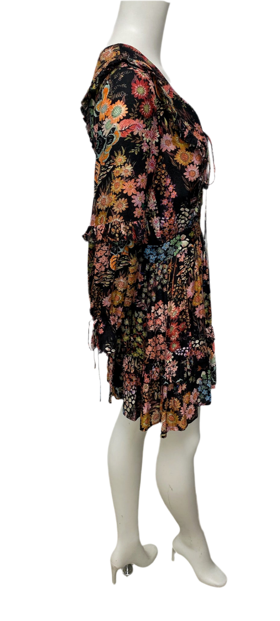 Ted Baker Black Multi Color Floral Mini Hendrix Dress, long sleeve, lace-up front, belted waist.