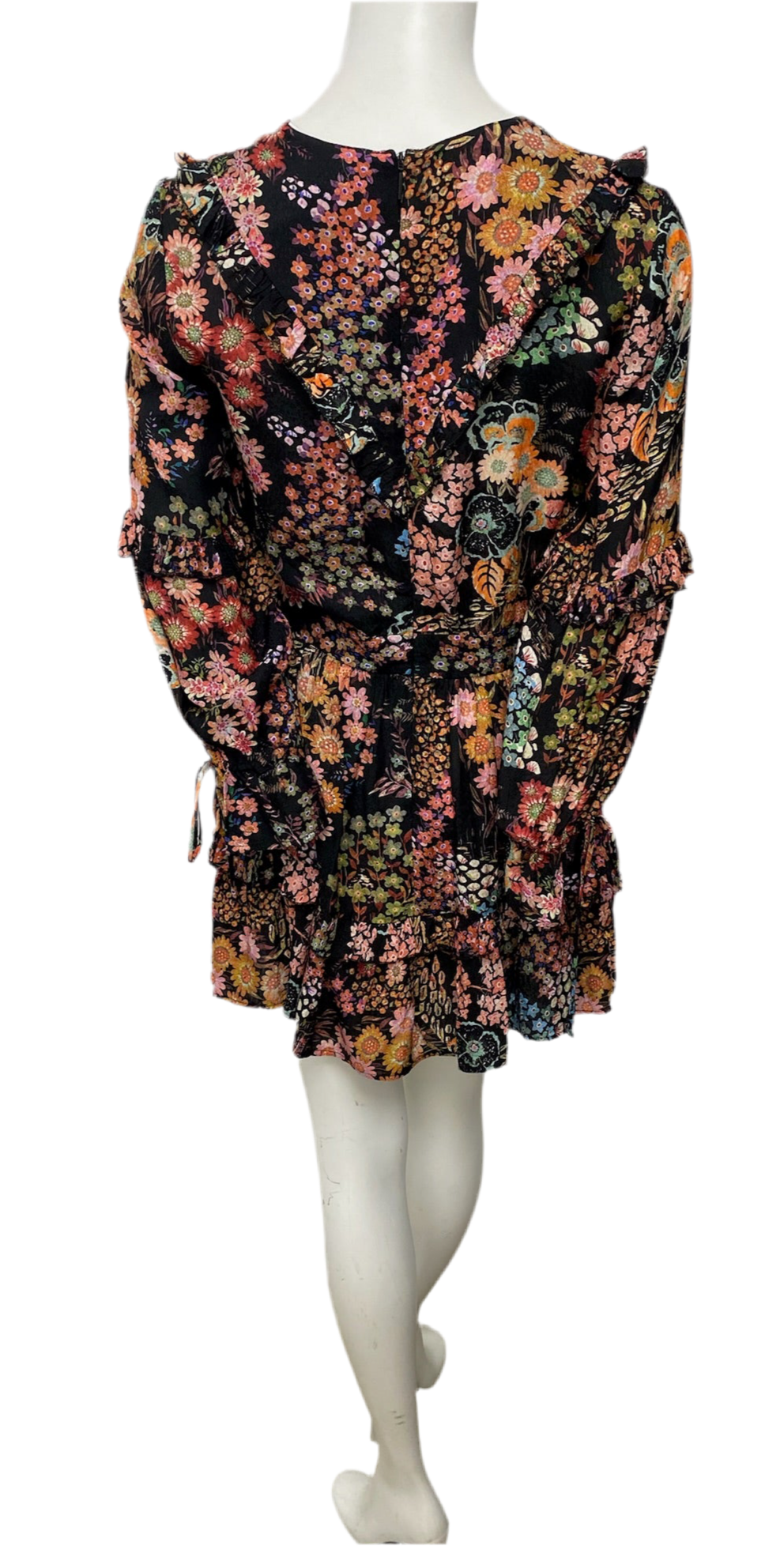 Ted Baker Black Multi Color Floral Mini Hendrix Dress, size 1 US S, with long sleeves and back zip.