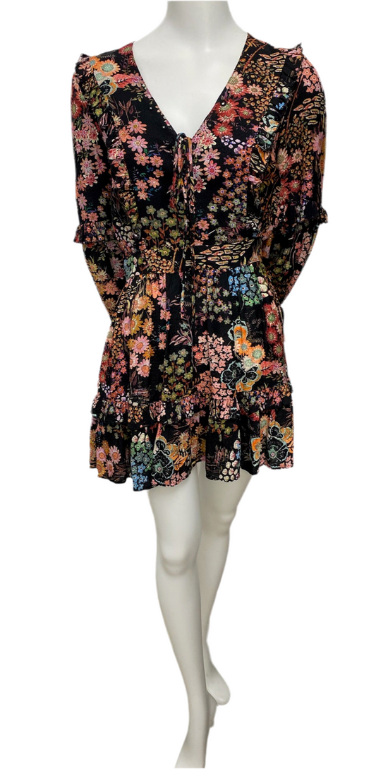 Ted Baker Black Multi Color Floral Mini Hendrix Dress, size 1 US S, with long sleeves, lace-up front, and belted waist.