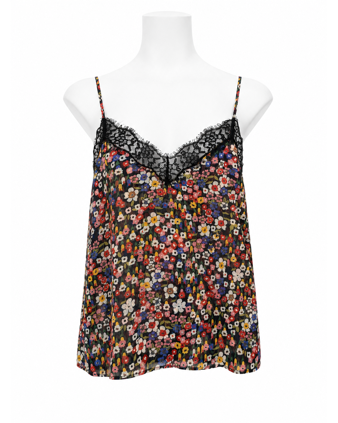 The Kooples sheer floral camisole in size XS, featuring a black lace trim neckline and colorful multi-print polyester fabric.