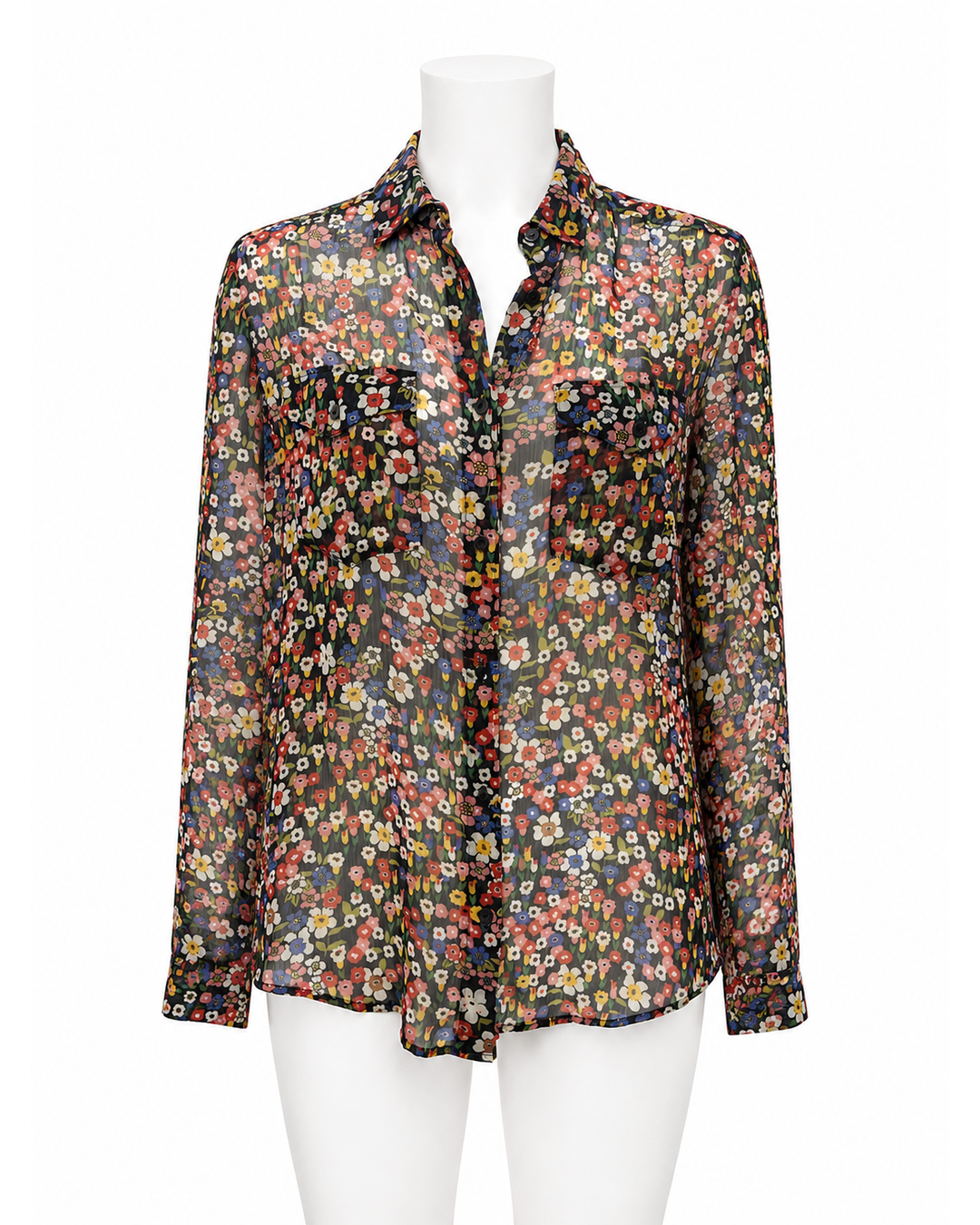 The Kooples sheer floral button-up blouse in multicolor polyester with long sleeves and dual chest pockets.