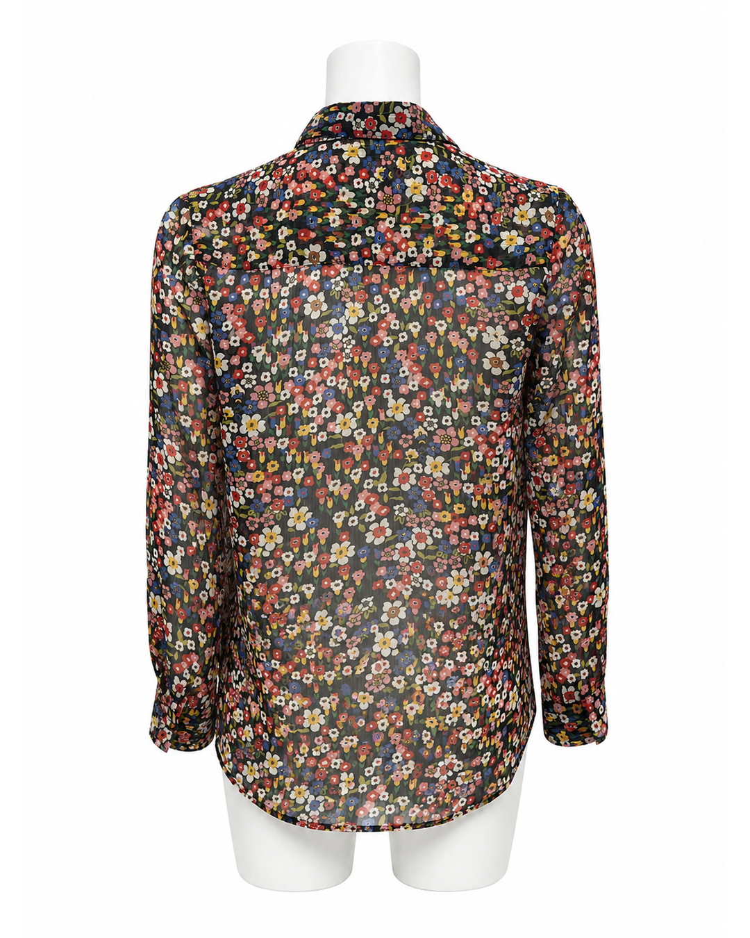 The Kooples sheer long-sleeve button-up blouse in a multicolor floral print, size XS, shown from the back.