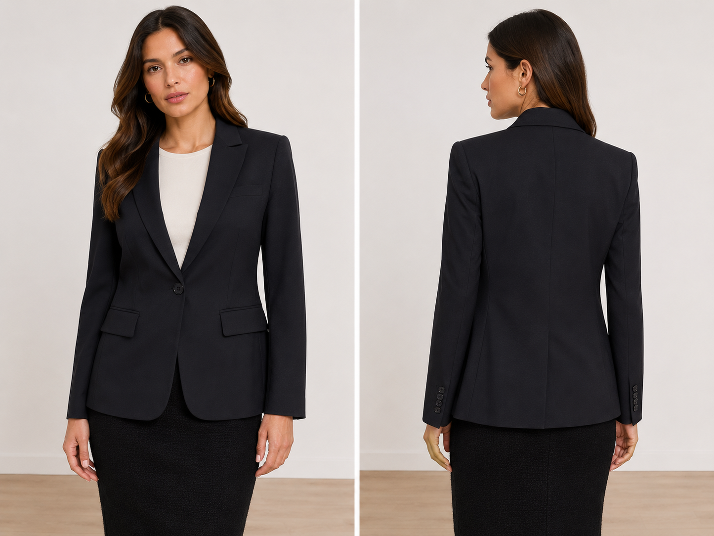 Theory black wool-blend single-button blazer, size 8, shown front and back on a model.