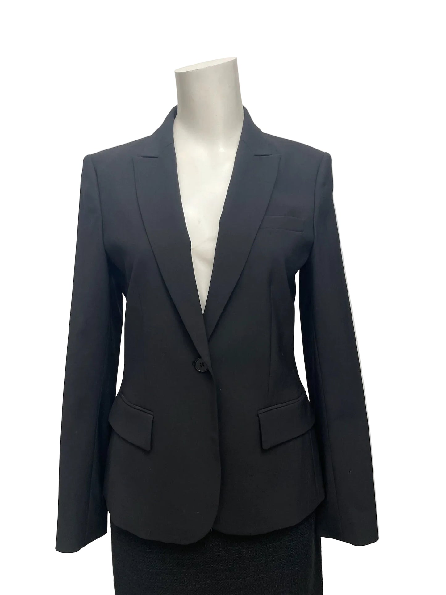 Theory black wool-blend single-button blazer, size 8, on a mannequin.