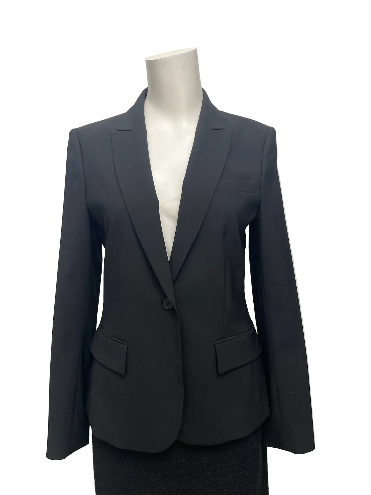 Theory black wool-blend single-button blazer, size 8, on a mannequin.