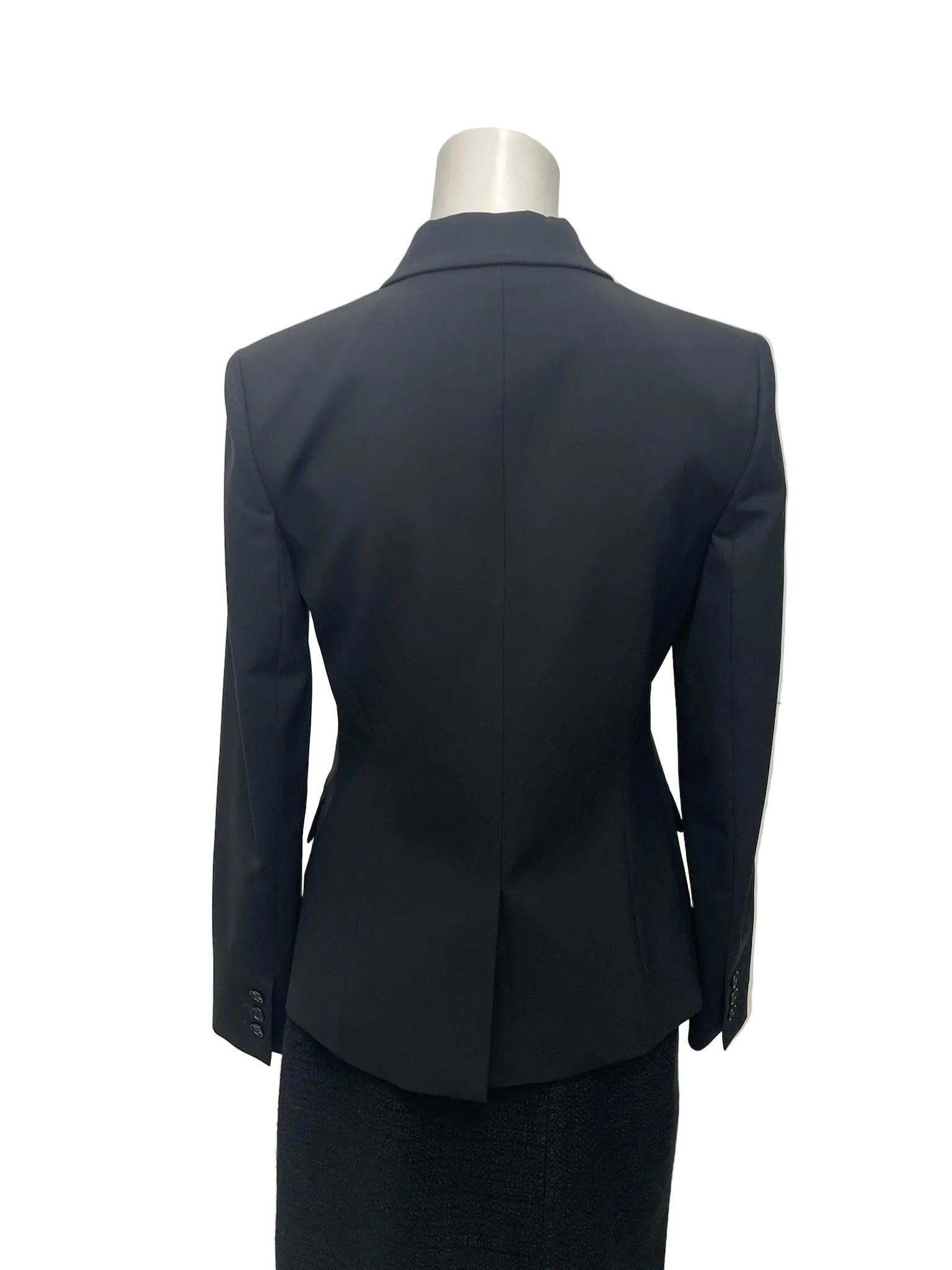 Theory black wool blend single-button blazer, size 8, shown from the back on a mannequin.