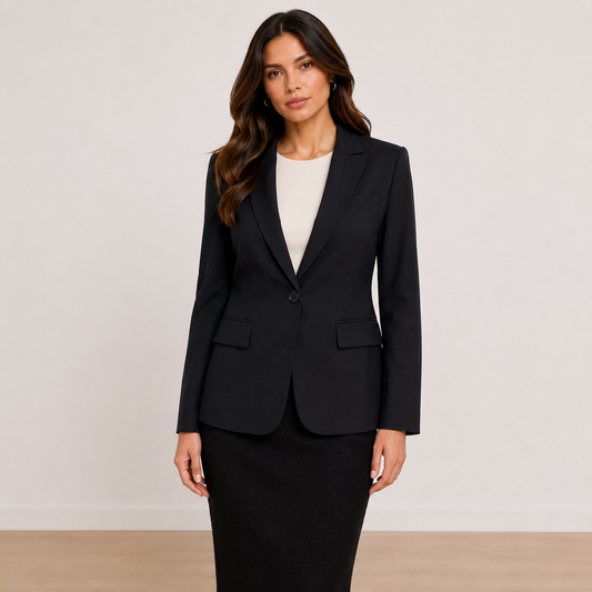 Theory black wool single-button blazer, size 8, worn by a model.