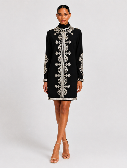 Tory Burch Black Sylvia Mini Long Sleeve Embellished Tunic Dress Size 12