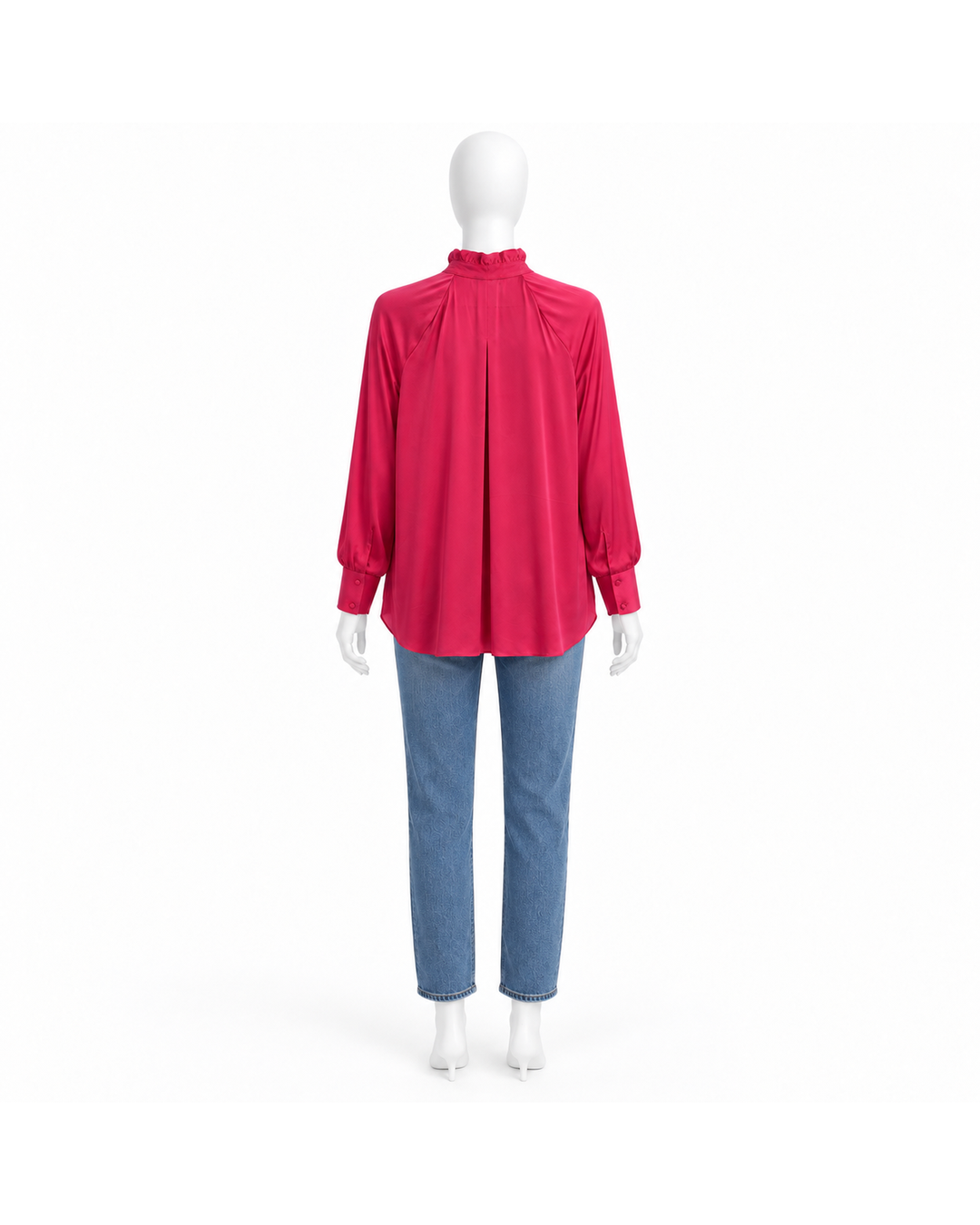 Ungaro fuchsia silk long-sleeve blouse with ruffle collar on a mannequin.