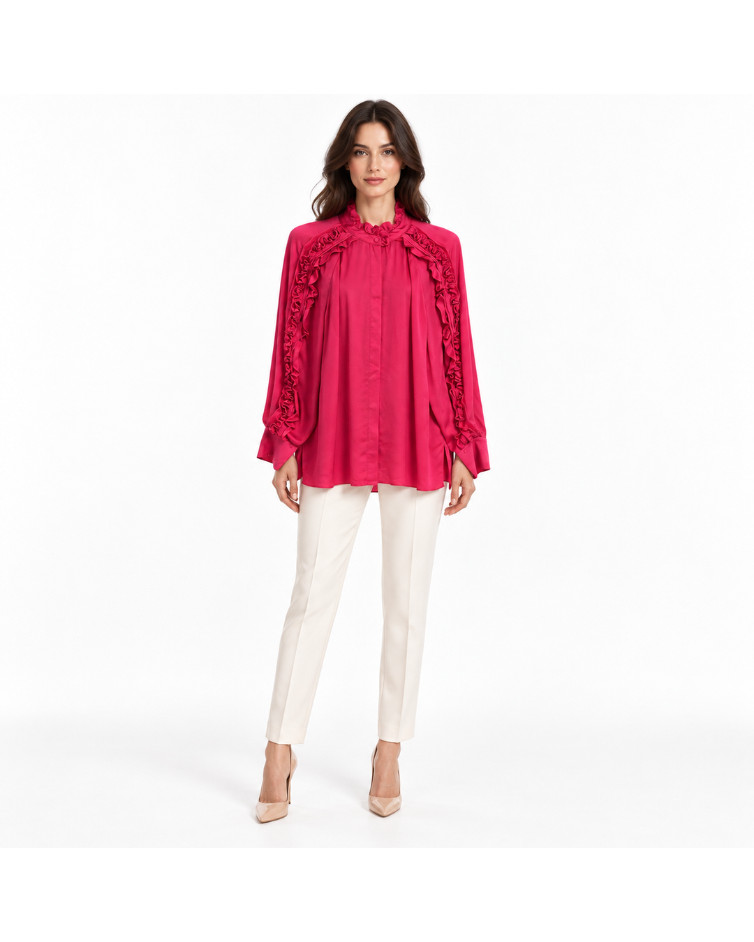 Ungaro fuchsia silk long-sleeve blouse with ruffle detailing, size L, worn with white trousers.