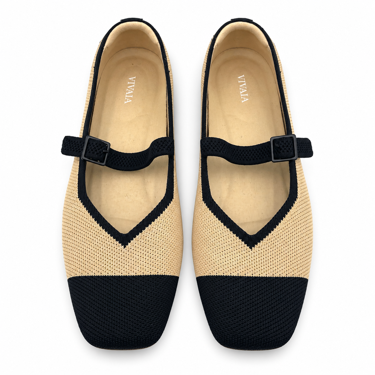 VIVAIA Margot Mary Jane Nude & Black Square-Toe Knit Flats Size 40 US 9