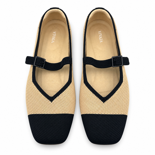 VIVAIA Margot Mary Jane Nude & Black Square-Toe Knit Flats Size 40 US 9