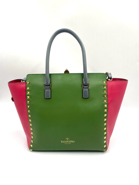 Valentino Garavani multicolor Rockstud handbag with green, pink, and gray smooth leather, gold hardware, and studded details.