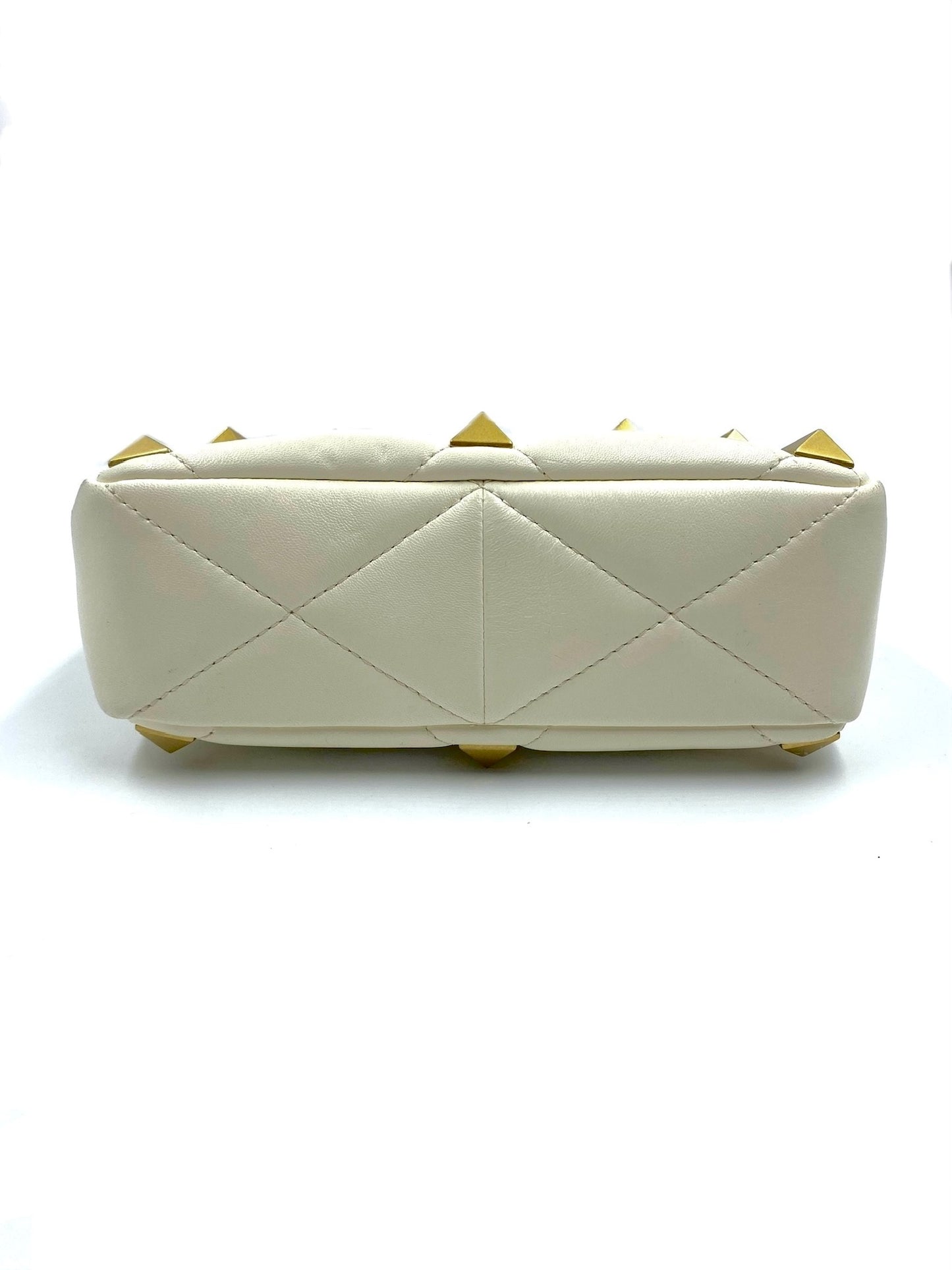 Valentino Garavani White Medium Roman Stud Bag, quilted leather, gold studs, bottom view.
