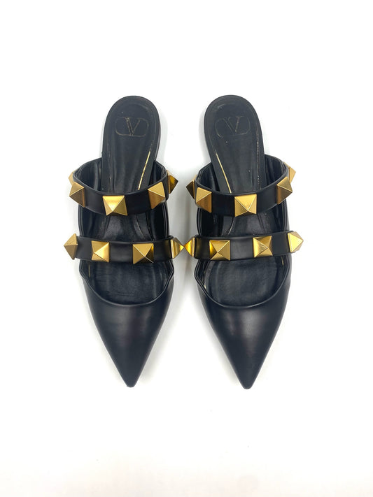 Valentino Roma black leather pointed mule flats, size 40, with two gold stud straps.