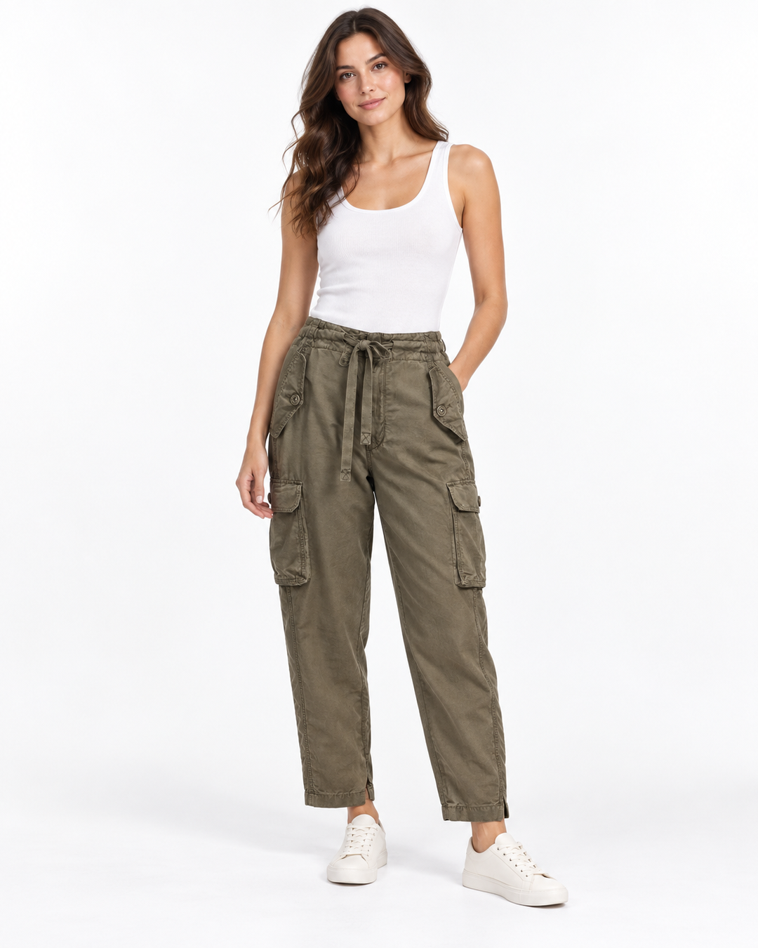 Vince army green cargo pants in size 10, featuring a drawstring waist, side pockets, and a relaxed cotton-linen blend fit.