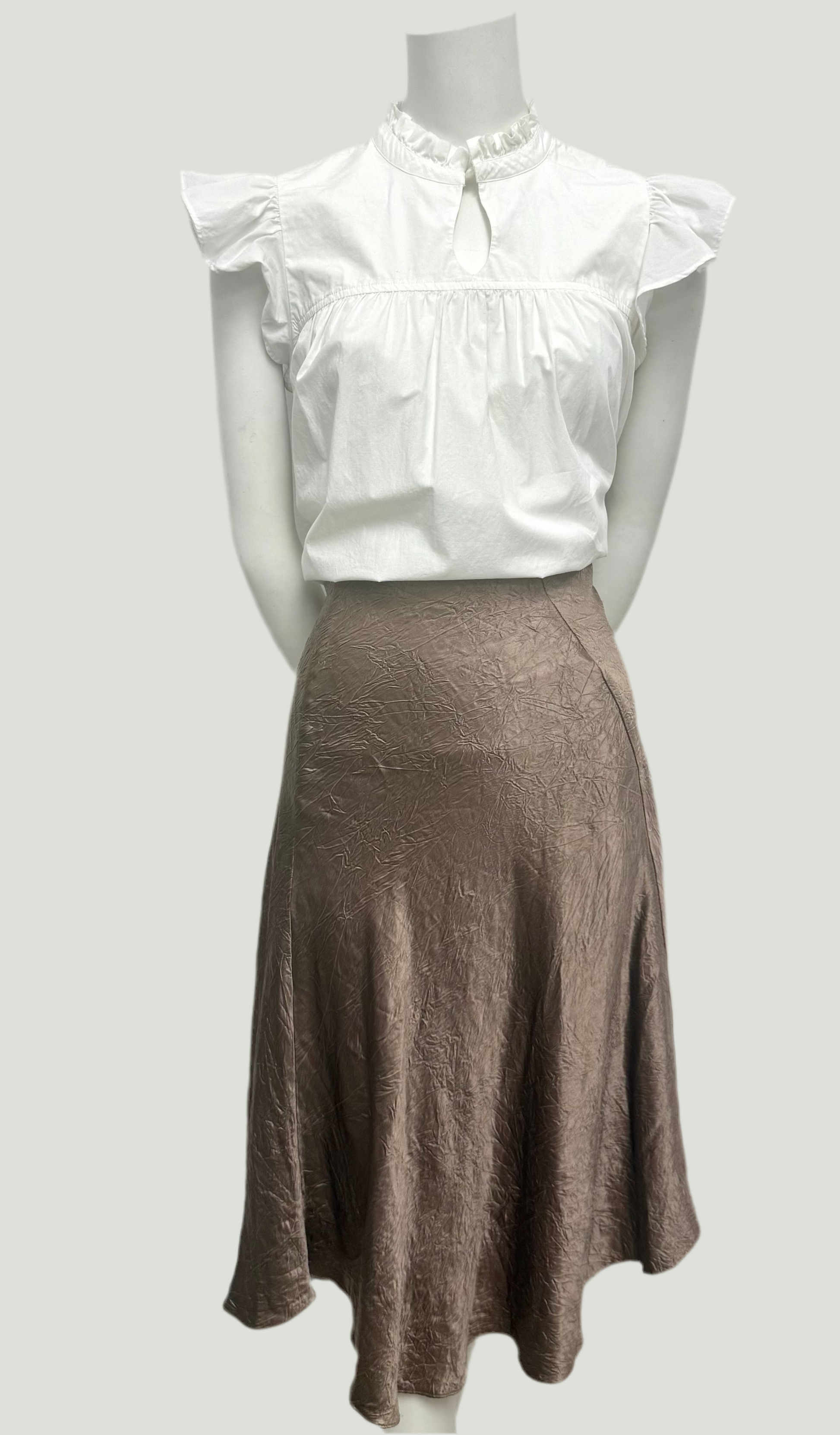 Vince Taupe Assymetric Crinkled Skirt Size S, 100% Acetate, displayed on a mannequin.