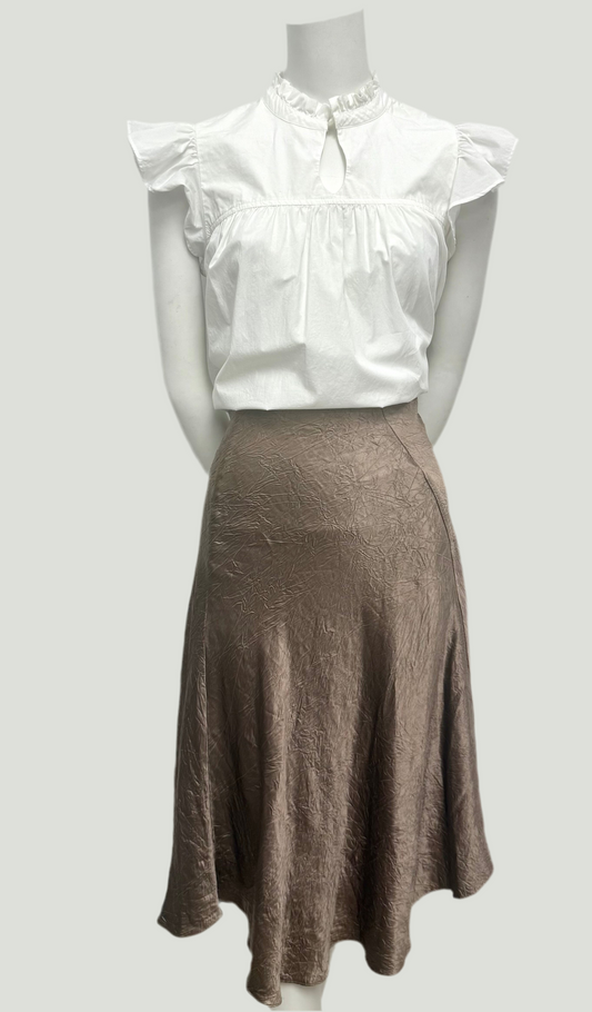 Vince Taupe Assymetric Crinkled Skirt Size S, 100% Acetate, displayed on a mannequin.