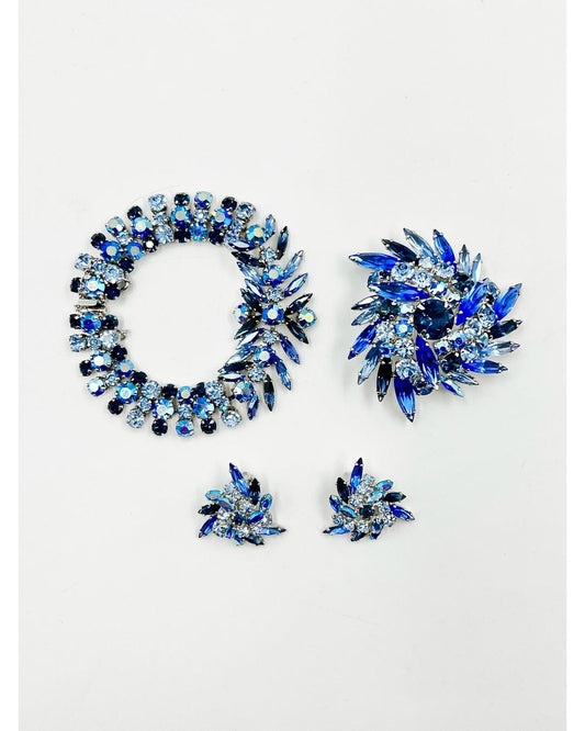 Vintage 1950s Sherman Blue Swarovski Crystal Brooch, Earring & Bracelet Set