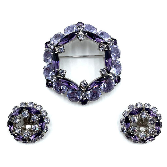 Vintage 1950s Sherman Lavender Wreath Brooch & Clip Earring Set