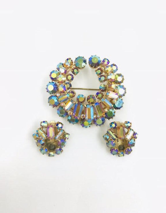 Vintage 1960s Aurora Borealis Brooch & Clip Earring Set