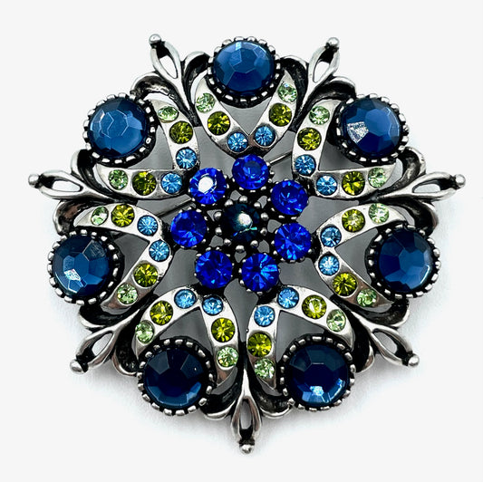 Vintage 1960s Blue Rhinestone Floral Snowflake Brooch