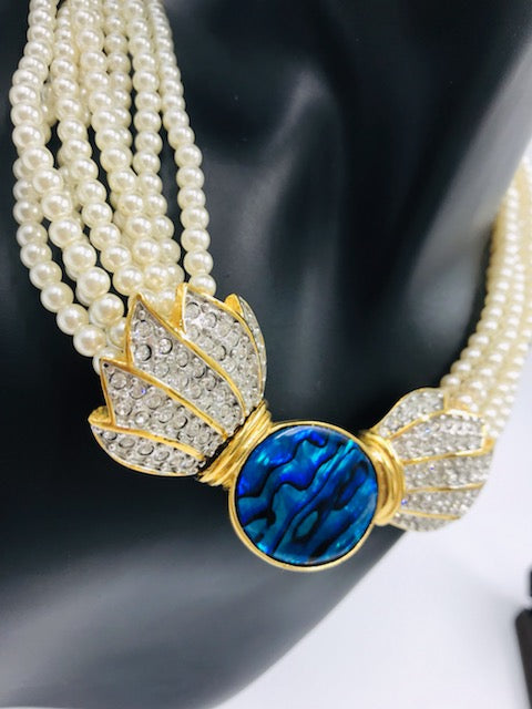 Vintage 1960s Butler Multi-Strand Diamante Pearl & Teal Necklace & Earring Set
