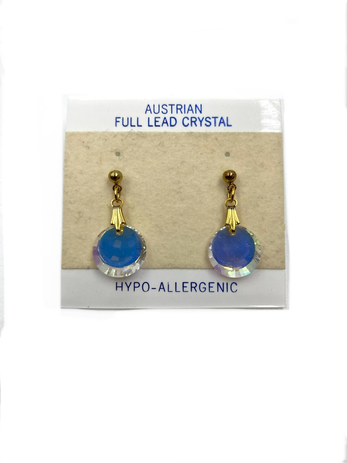 Vintage Austrian reflective full lead crystal drop earrings with gold-tone posts on original packaging.