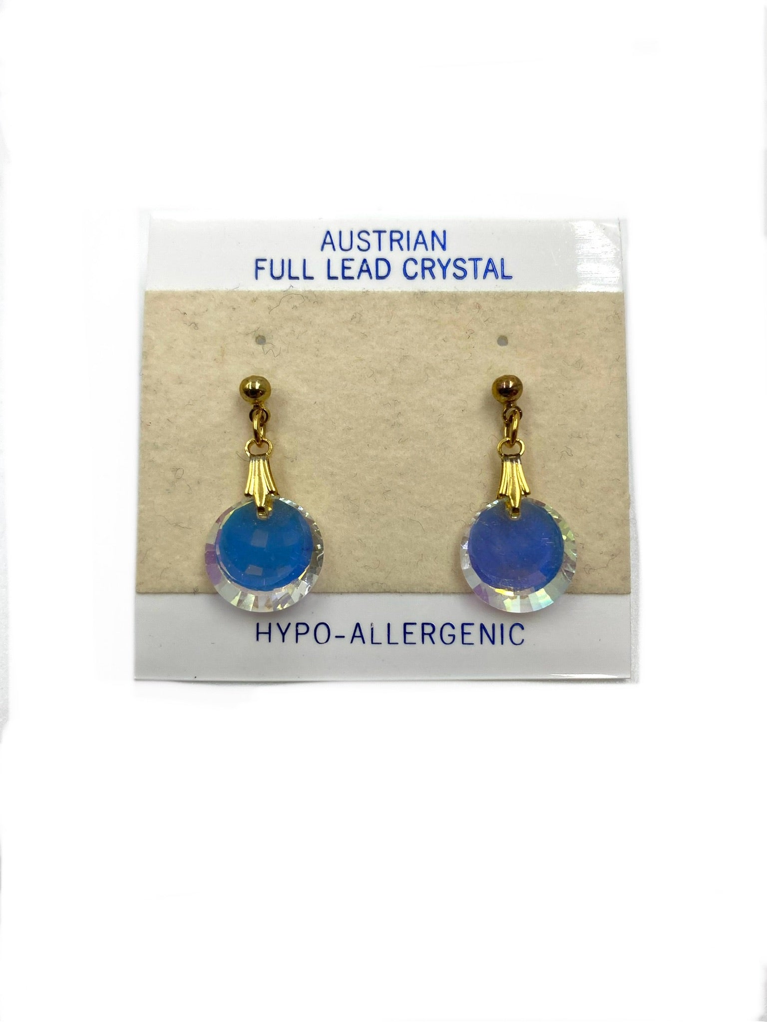 Vintage Austrian reflective full lead crystal drop earrings with gold-tone posts on original packaging.