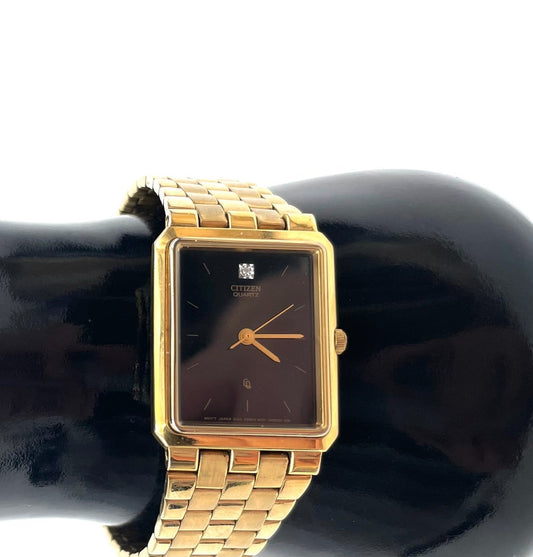 Vintage Citizen Quartz Gold-Tone Rectangular Diamond Watch