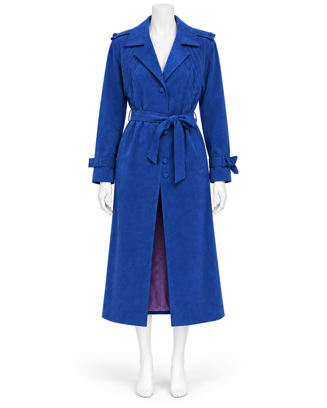 Vintage cobalt blue faux suede longline trench coat with a belted waist, pleated details, and structured lapels.