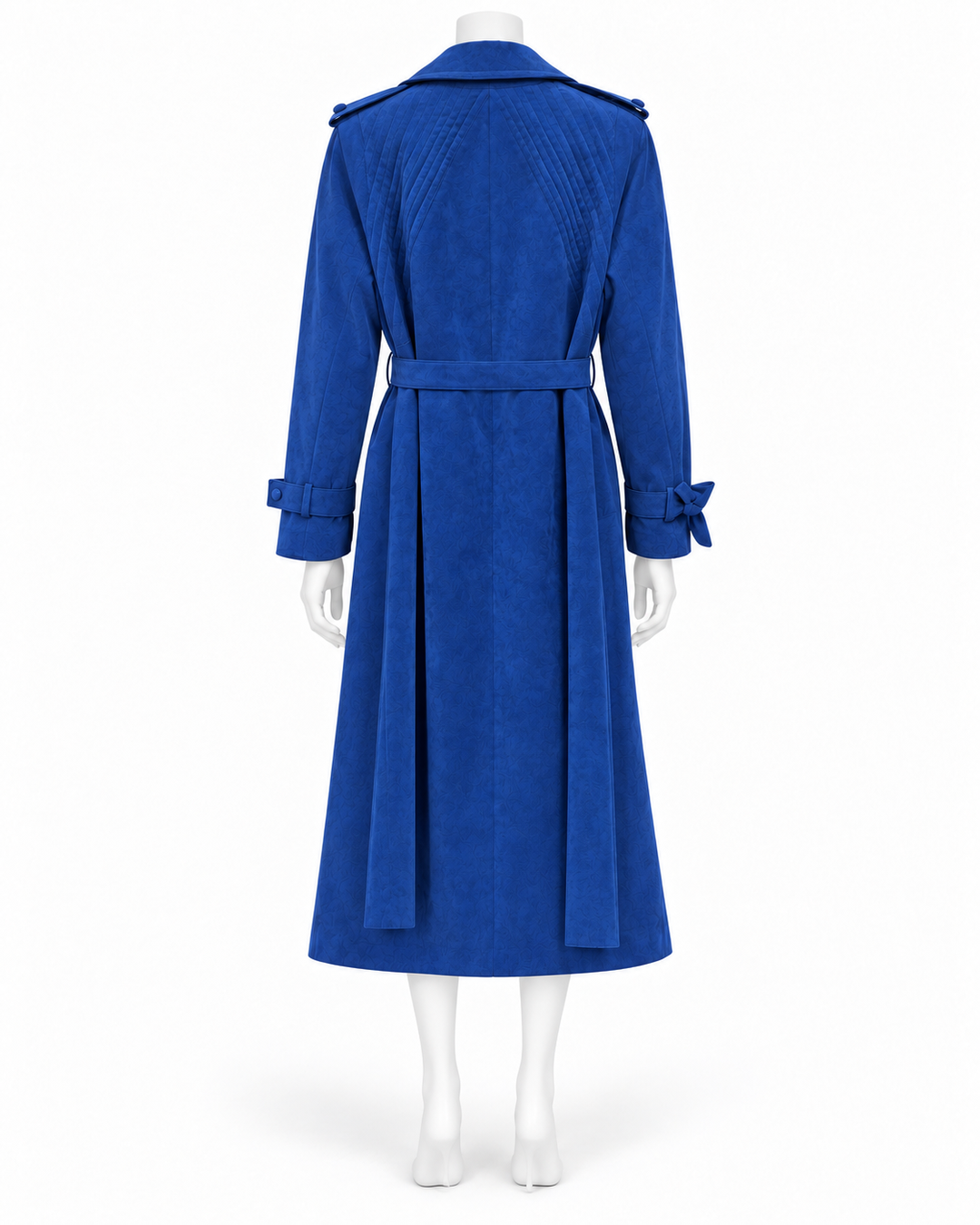 Back view of a longline cobalt blue faux suede vintage jacket with a belted waist, pleated back, and shoulder tabs.