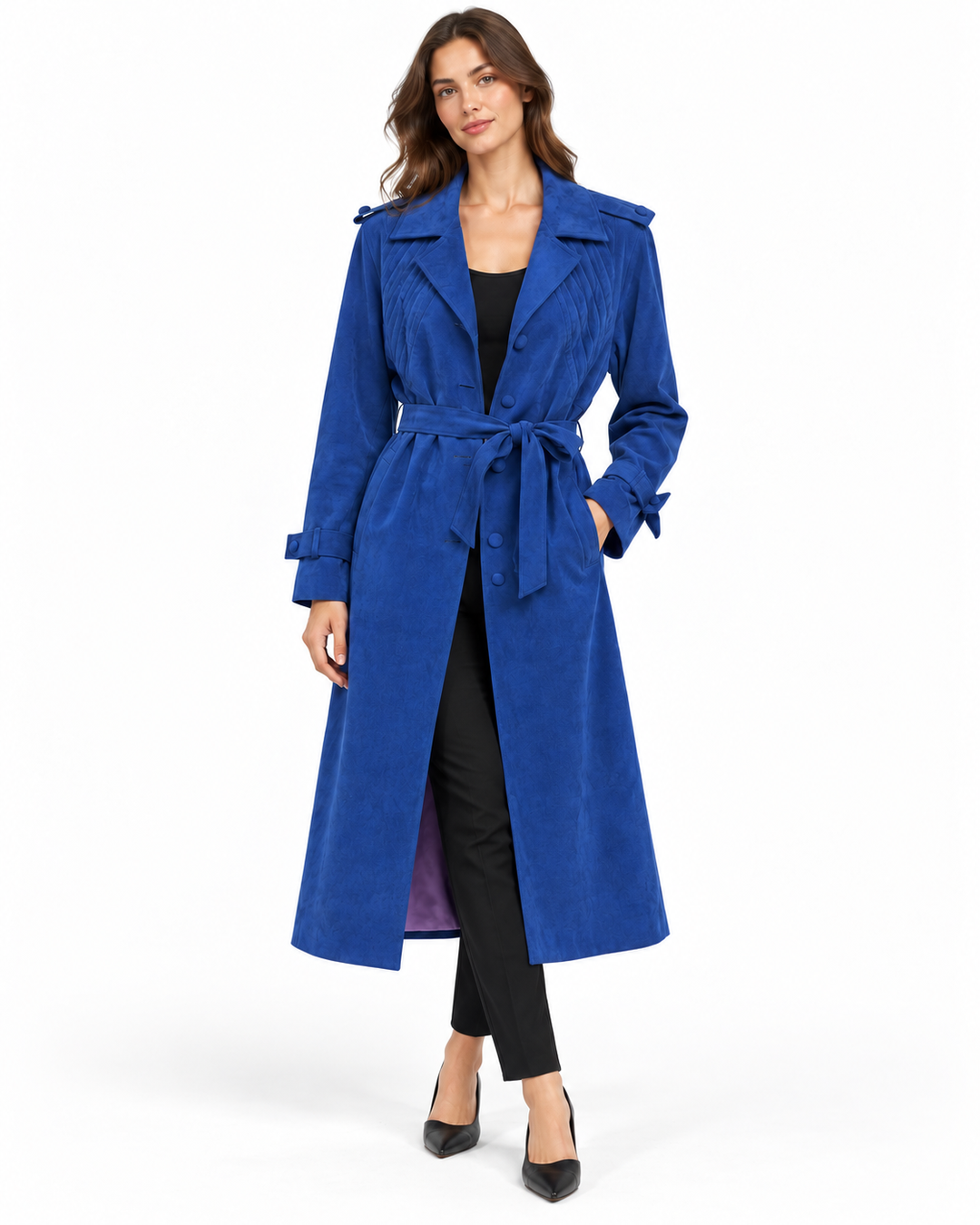 Vintage cobalt blue faux suede longline jacket with a waist belt, structured lapels, and pleated details, size S/M.