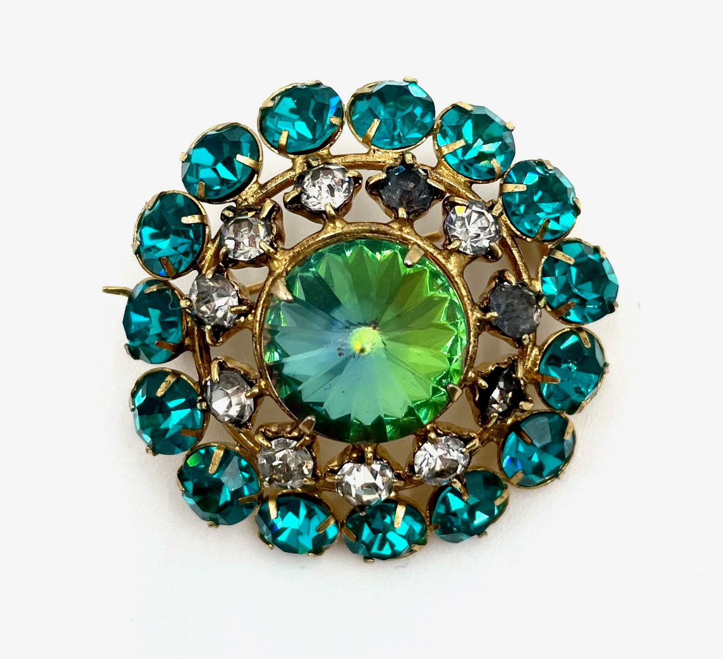 Vintage Emerald Green & Teal Rhinestone Statement Brooch