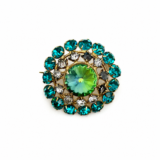 Vintage Emerald Green & Teal Rhinestone Statement Brooch