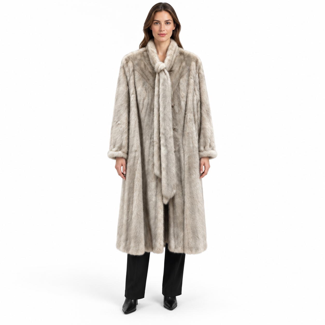 Vintage cream mink fur coat with a shawl collar and long silhouette, size L, worn by a model.