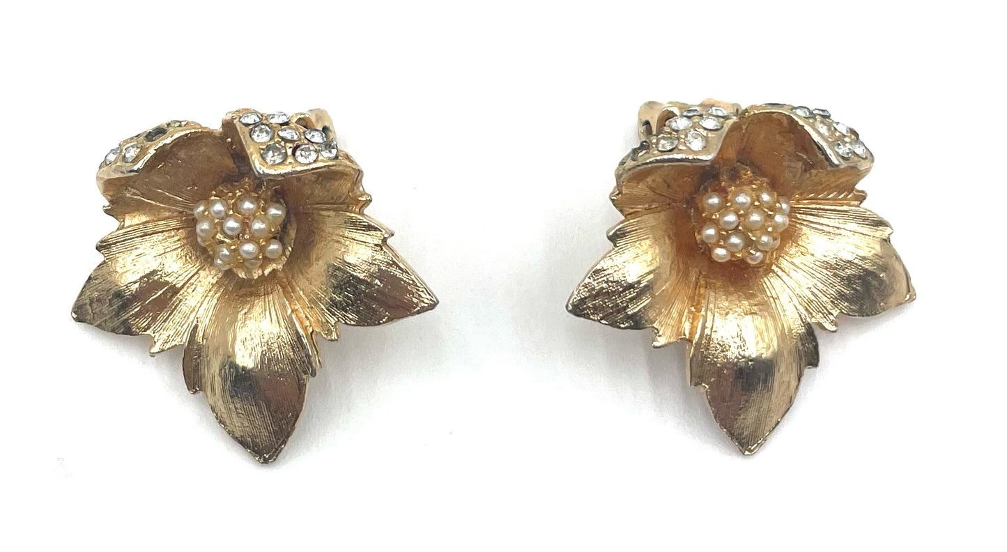 Vintage Gold Tone Floral Clip-On Earrings with Faux Pearl & Rhinestone Detail