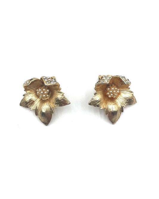 Vintage Gold Tone Floral Clip-On Earrings with Faux Pearl & Rhinestone Detail