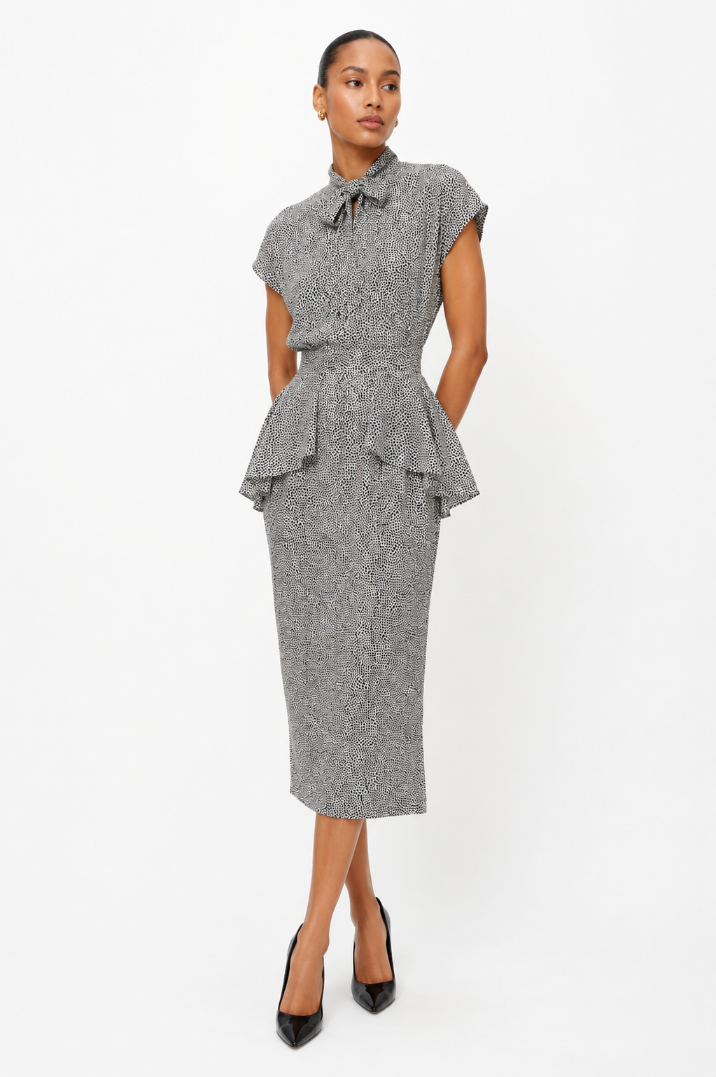 Vintage Kristin Allen Black & White Speckled Peplum Midi Dress with Neck Tie Size S